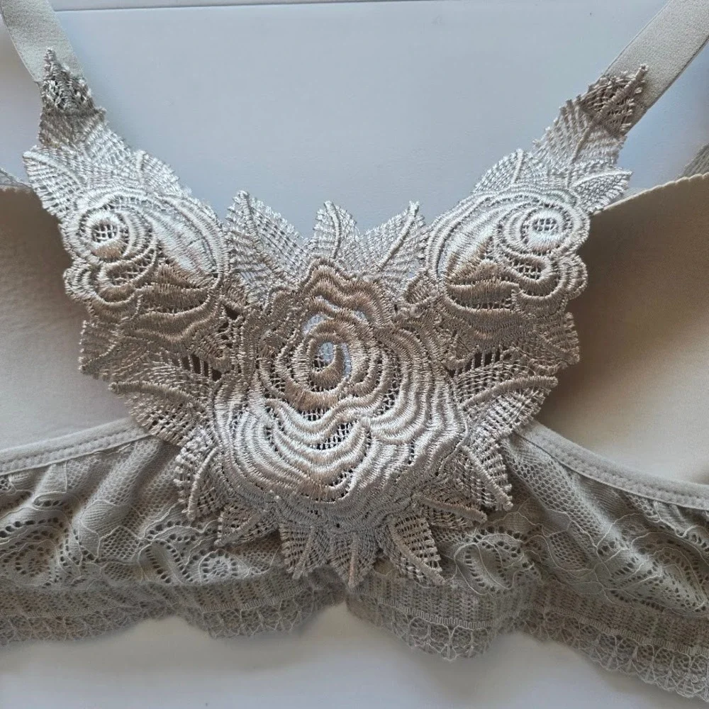 Taupe Lace Front-Close Bra‎ Rose Floral Racerback Rhinestone Women 42C Lingerie